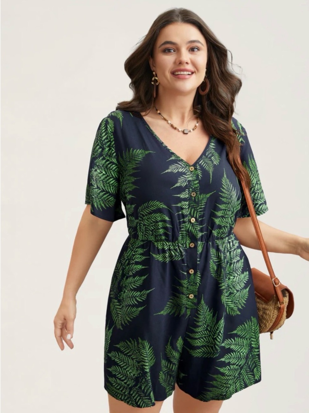 Bloomchic plus size tropical leaf print romper.